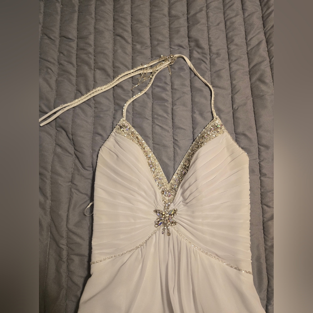 Precious Formals White Halter Gown with Ruched Embellishments